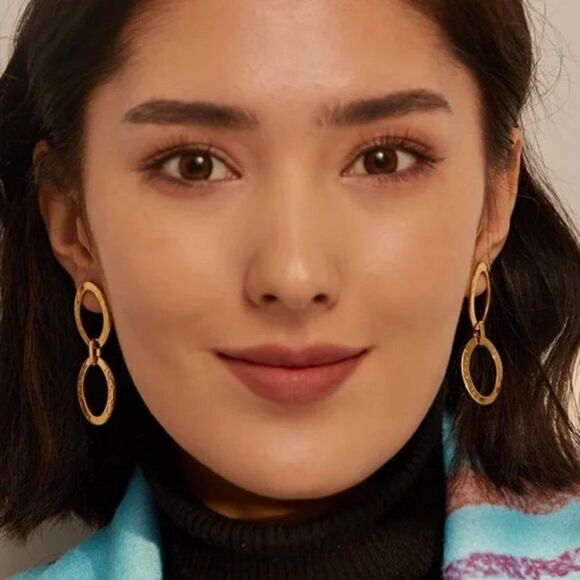 New Gold Oval Hoop Dangle Drop Earrings - Picture 1 of 9